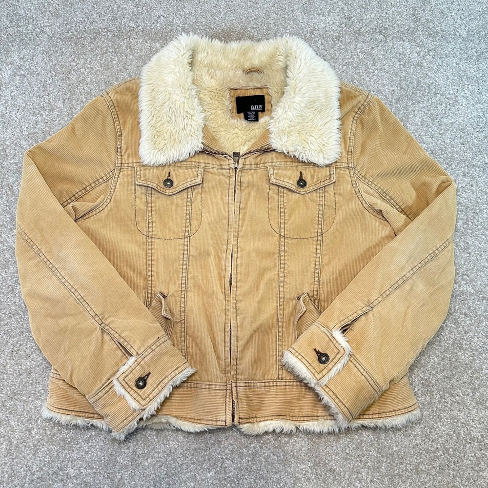 Y2k ANA A‎ New Approach Womens Tan Corduroy boho Sherpa Lined Trucker Jacket XL